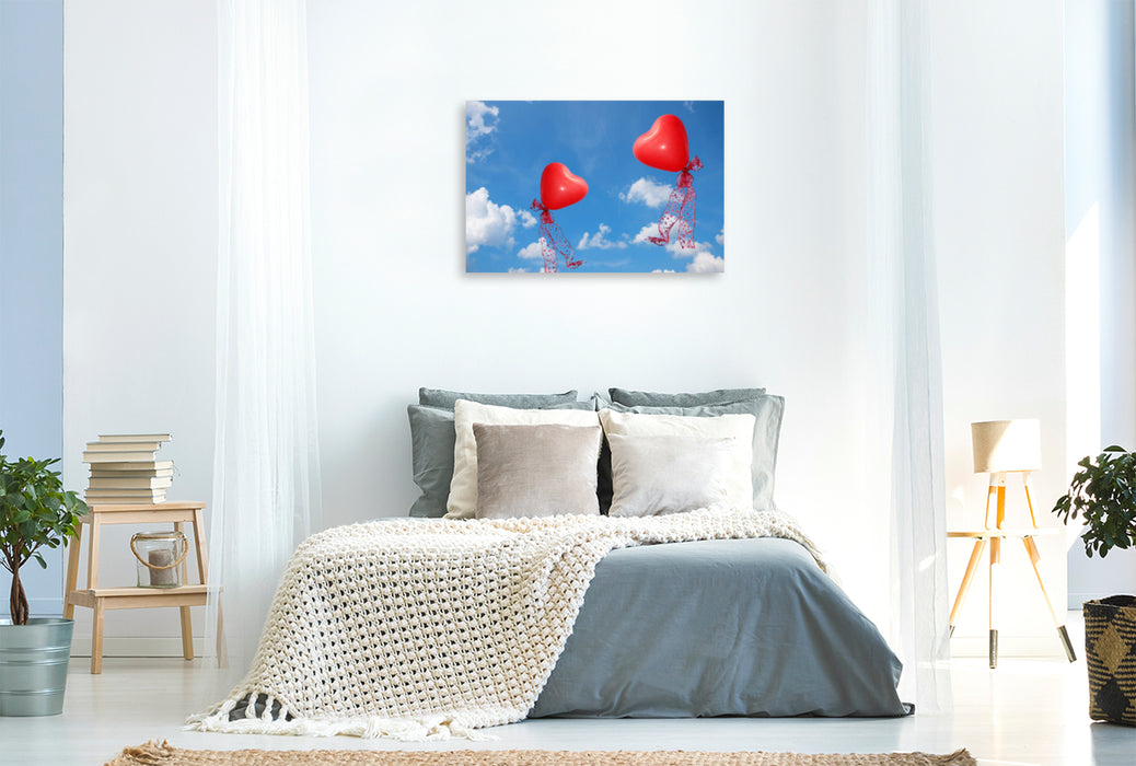 Premium textile canvas Premium textile canvas 120 cm x 80 cm landscape Red balloon hearts in the sky 
