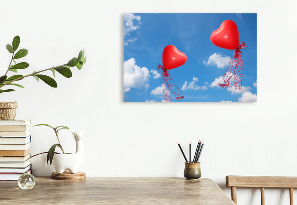 Premium textile canvas Premium textile canvas 120 cm x 80 cm landscape Red balloon hearts in the sky 