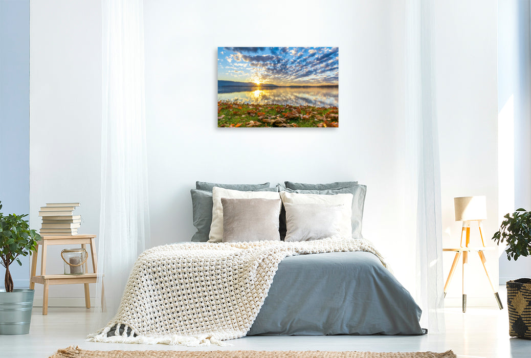 Premium textile canvas Premium textile canvas 120 cm x 80 cm landscape Autumn lights on the lakeshore 