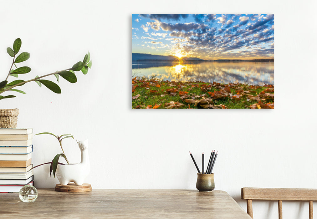 Premium textile canvas Premium textile canvas 120 cm x 80 cm landscape Autumn lights on the lakeshore 