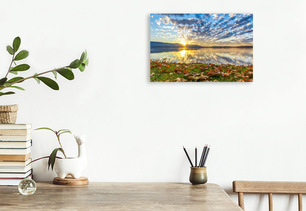 Premium textile canvas Premium textile canvas 120 cm x 80 cm landscape Autumn lights on the lakeshore 