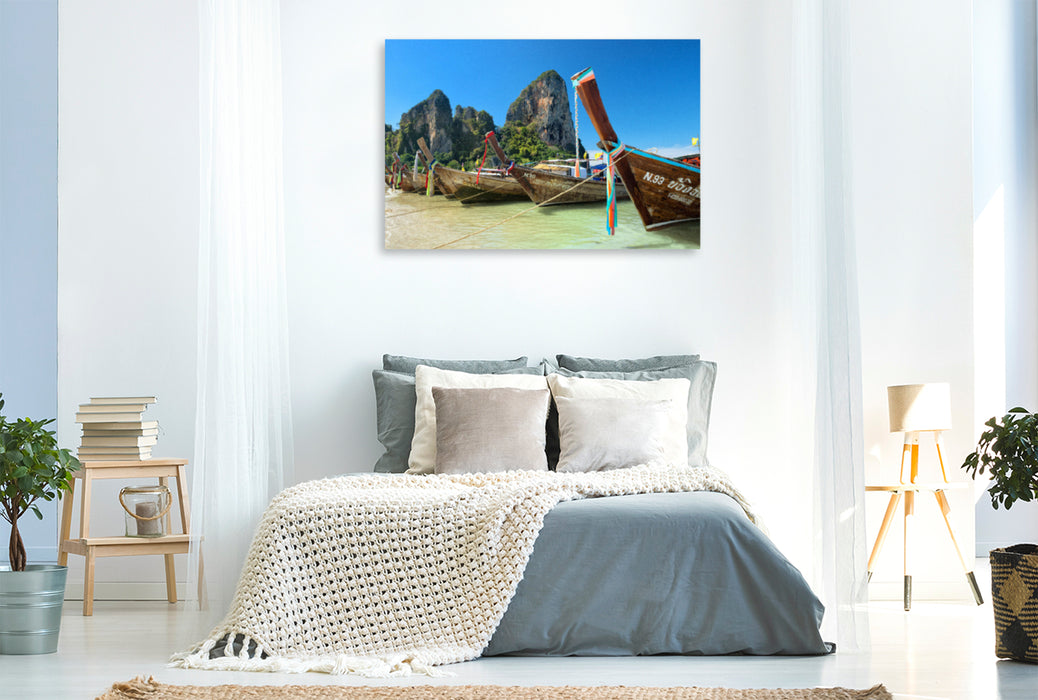 Premium textile canvas Premium textile canvas 120 cm x 80 cm landscape Thailand: Longtail boats in Krabi 