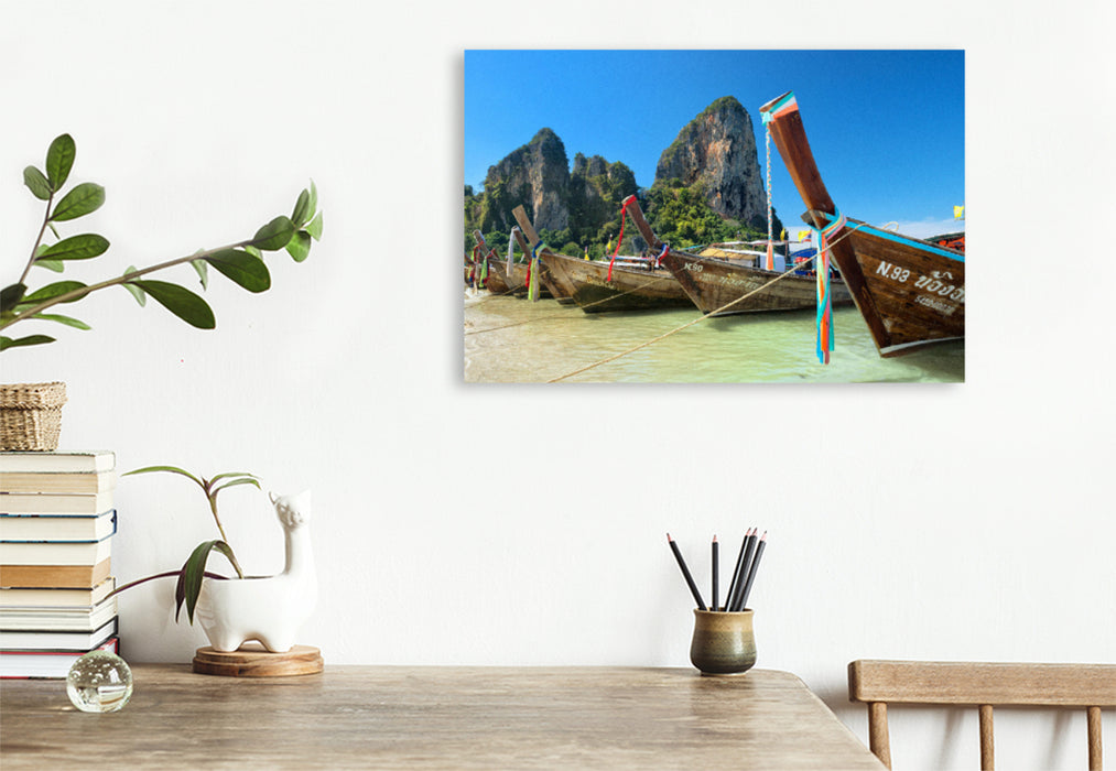 Premium textile canvas Premium textile canvas 120 cm x 80 cm landscape Thailand: Longtail boats in Krabi 