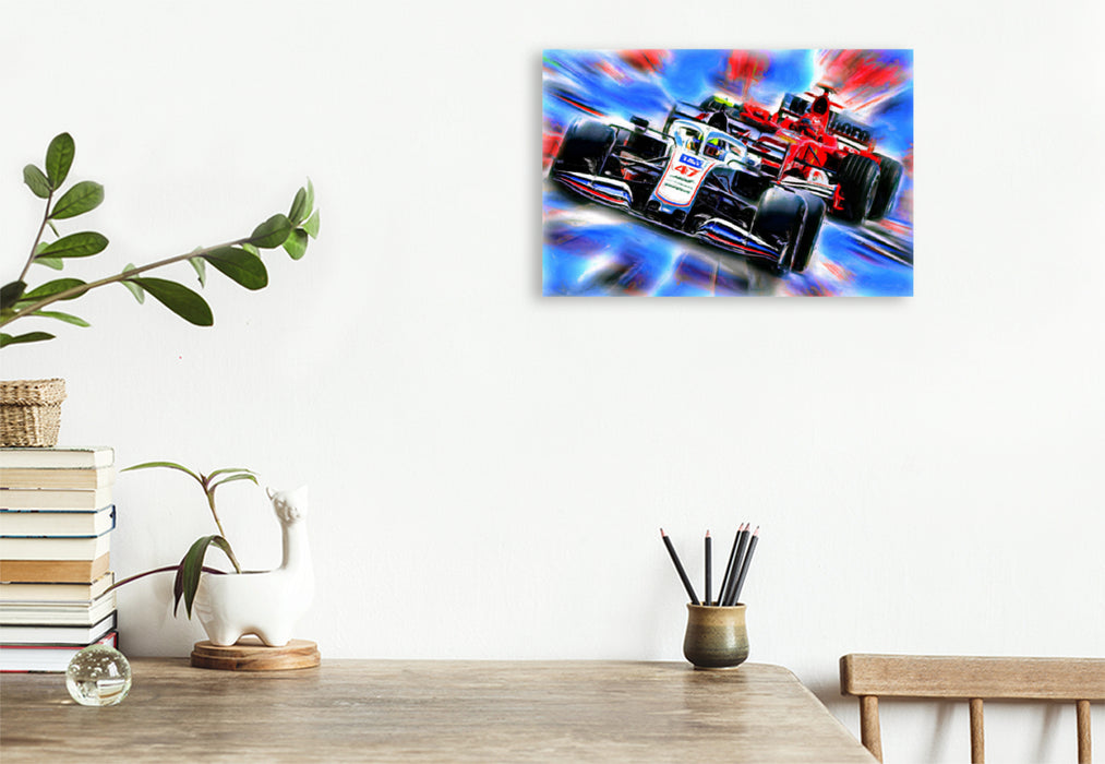 Premium textile canvas Premium textile canvas 90 cm x 60 cm landscape Mick Schumacher and father Michael "Schumi" Schumacher 