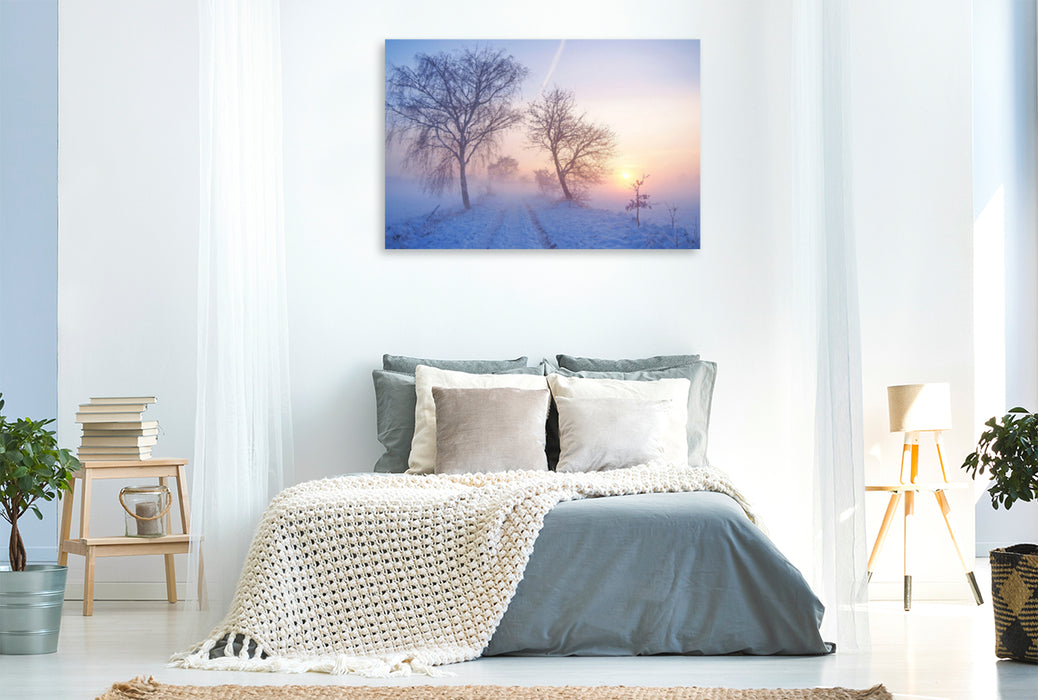 Premium Textil-Leinwand Premium Textil-Leinwand 120 cm x 80 cm quer Winterlicher Sonnenuntergang im Nebel, Meyenfelder Straße