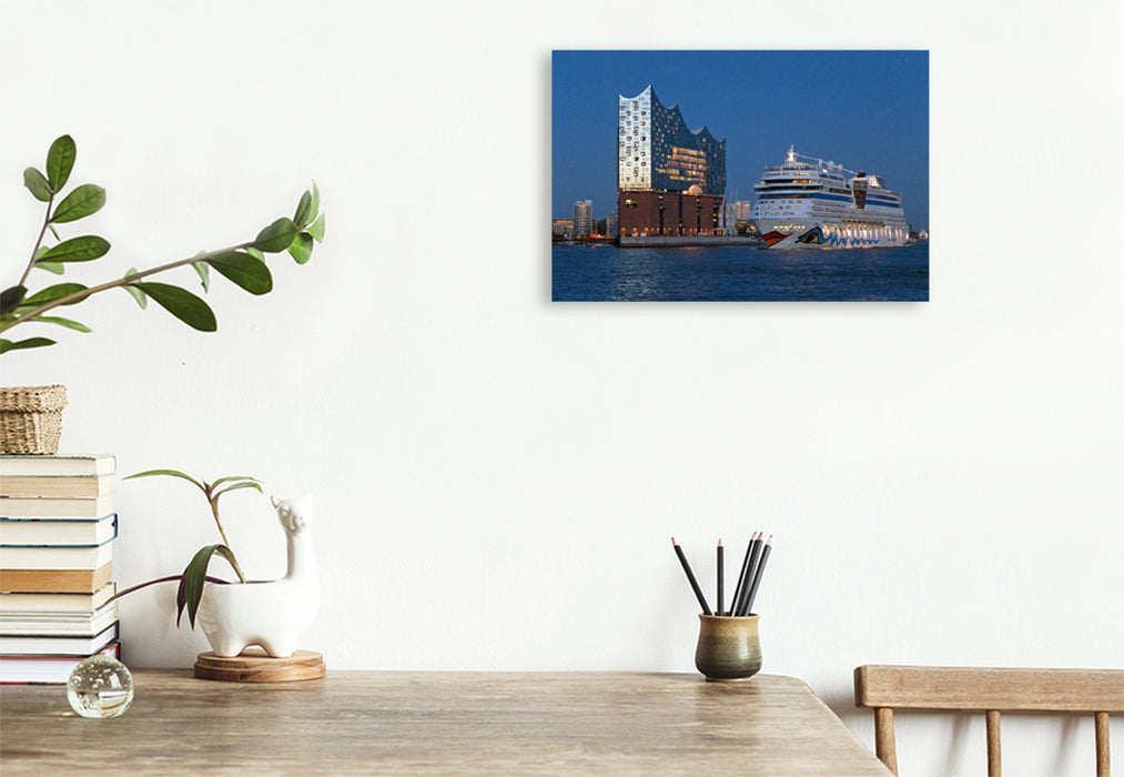 Premium Textil-Leinwand Premium Textil-Leinwand 120 cm x 80 cm quer Kreuzfahrtschiff vor Elbphilharmonie, Hamburg