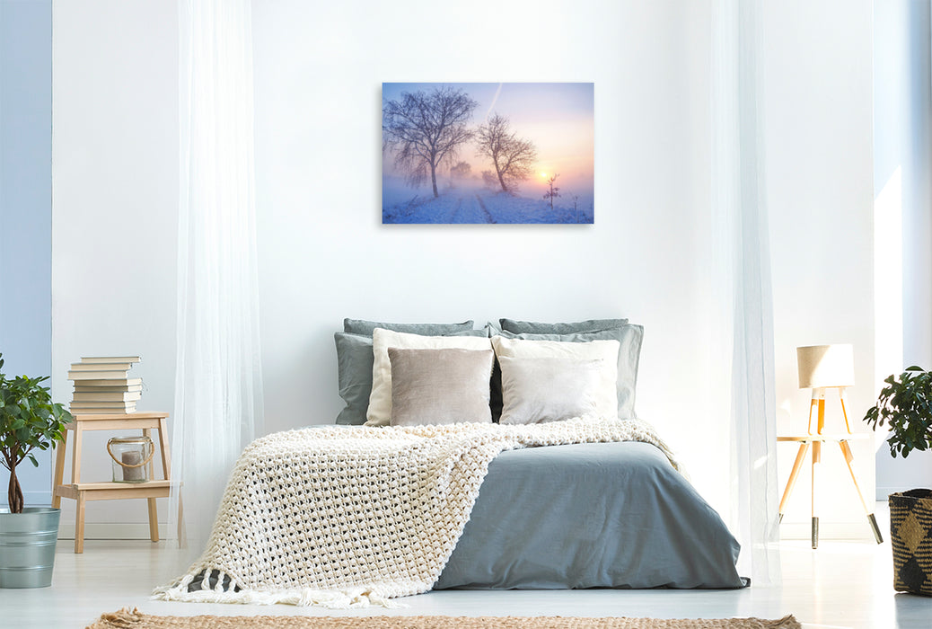Premium textile canvas Premium textile canvas 120 cm x 80 cm landscape Winter sunset in the fog 