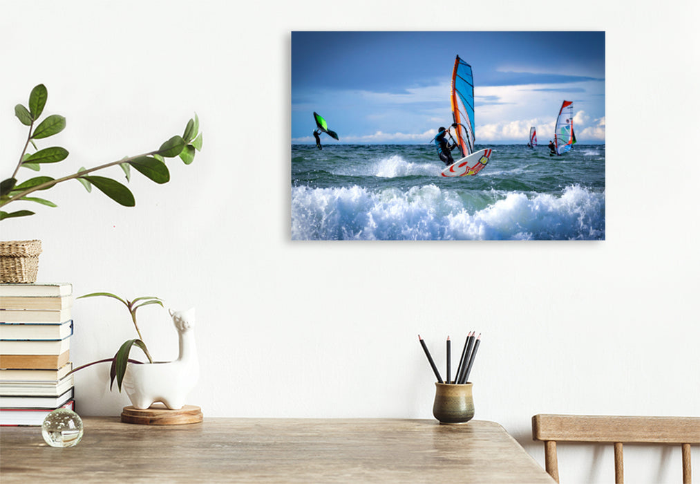 Premium textile canvas Premium textile canvas 120 cm x 80 cm landscape Team surfing on Fehmarn 