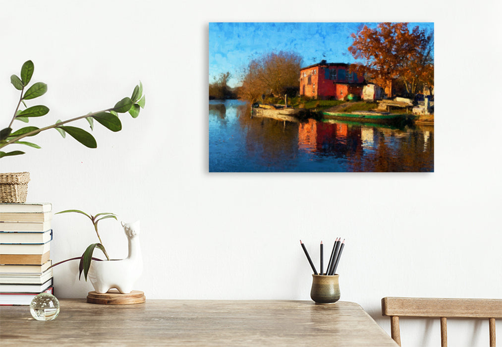 Premium textile canvas Premium textile canvas 90 cm x 60 cm across the fisherman's homestead at Lake Gülper in Havelland. 