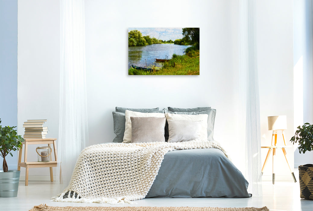 Premium textile canvas Premium textile canvas 120 cm x 80 cm landscape Boats on the banks of the Havel. Havelland impressions. 