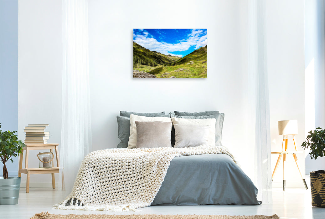Premium textile canvas Premium textile canvas 120 cm x 80 cm across mountains at the end of the Ahrntal valley 