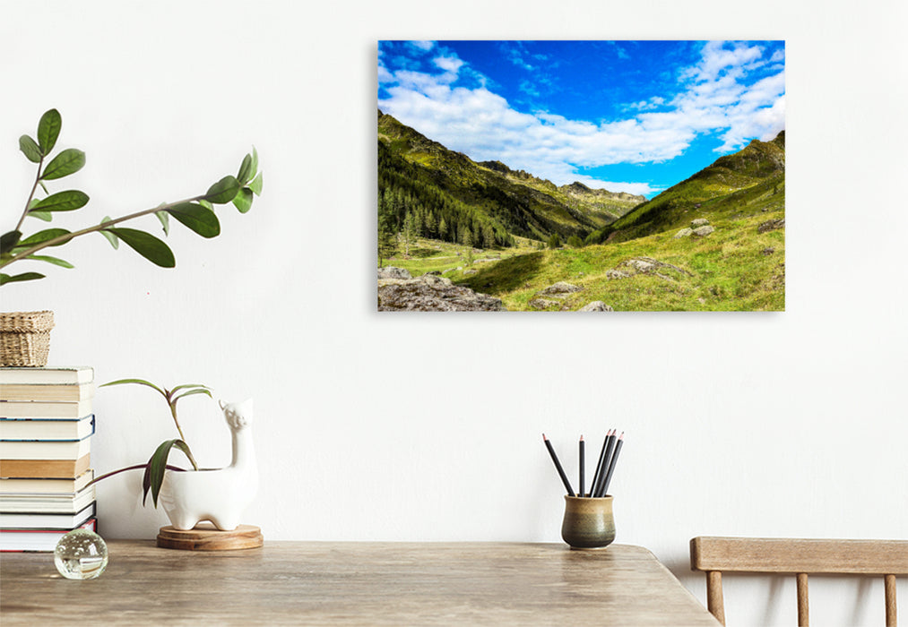 Premium textile canvas Premium textile canvas 120 cm x 80 cm across mountains at the end of the Ahrntal valley 