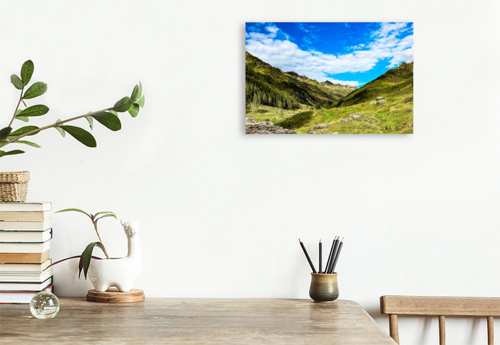 Premium textile canvas Premium textile canvas 120 cm x 80 cm across mountains at the end of the Ahrntal valley 