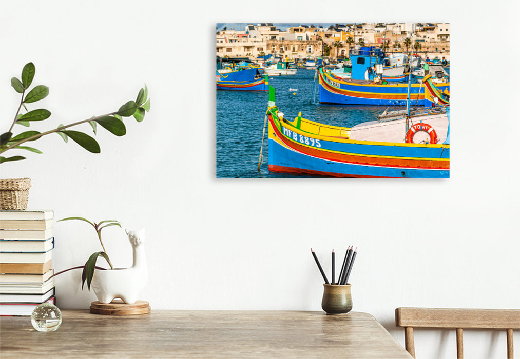 Premium textile canvas Premium textile canvas 120 cm x 80 cm landscape Fishing harbor in Marsaxlokk, in the southeast of Malta 