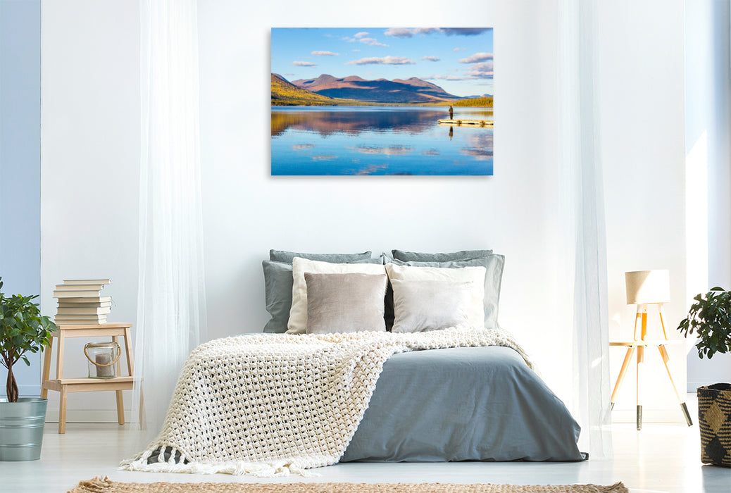 Premium textile canvas Premium textile canvas 120 cm x 80 cm across blue lake with reflection 