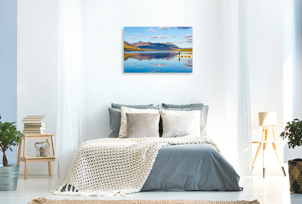 Premium textile canvas Premium textile canvas 120 cm x 80 cm across blue lake with reflection 