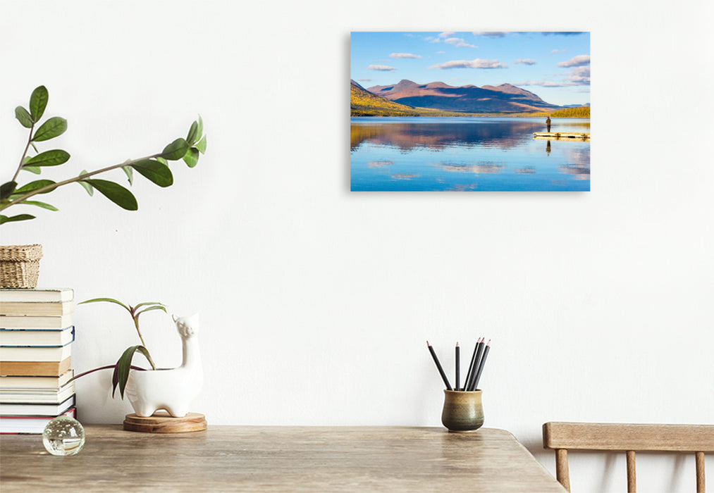 Premium textile canvas Premium textile canvas 120 cm x 80 cm across blue lake with reflection 