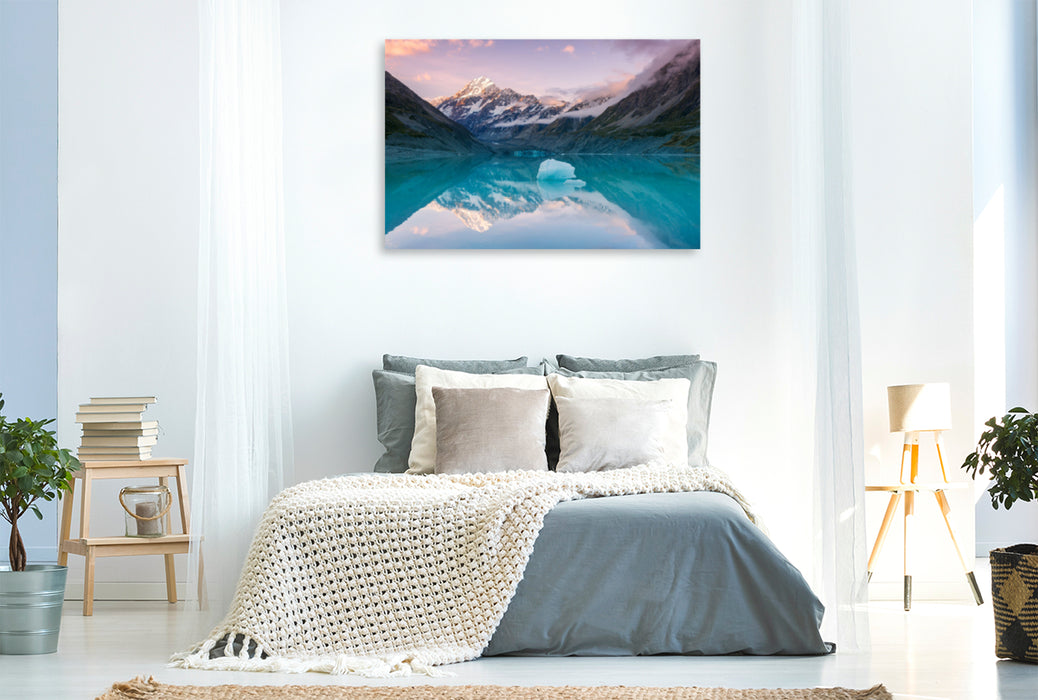 Premium textile canvas Premium textile canvas 120 cm x 80 cm across Mount Cook is reflected in the glacial lake 