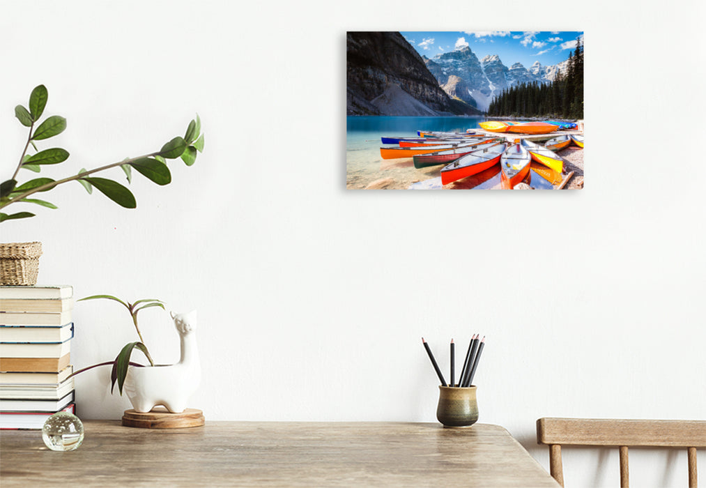 Premium Textile Canvas Premium Textile Canvas 120cm x 80cm landscape Canoes, Moraine Lake, Banff National Park 