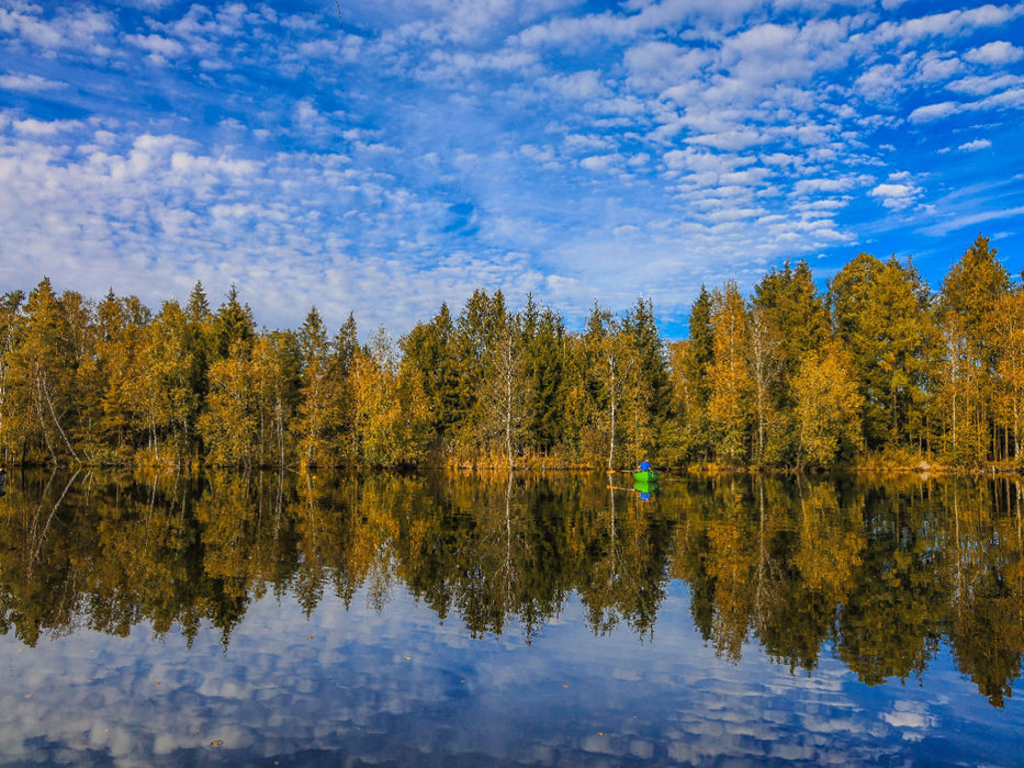 Uferlandschaft Moorteich mit Fischerboot - Pfrunger-Burgweiler Ried - CALVENDO Foto-Puzzle'