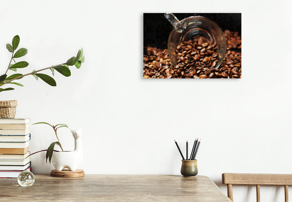 Premium Textil-Leinwand Premium Textil-Leinwand 120 cm x 80 cm quer Gemalte Kaffeebohnen und einem reflektierendem Kaffeeglas
