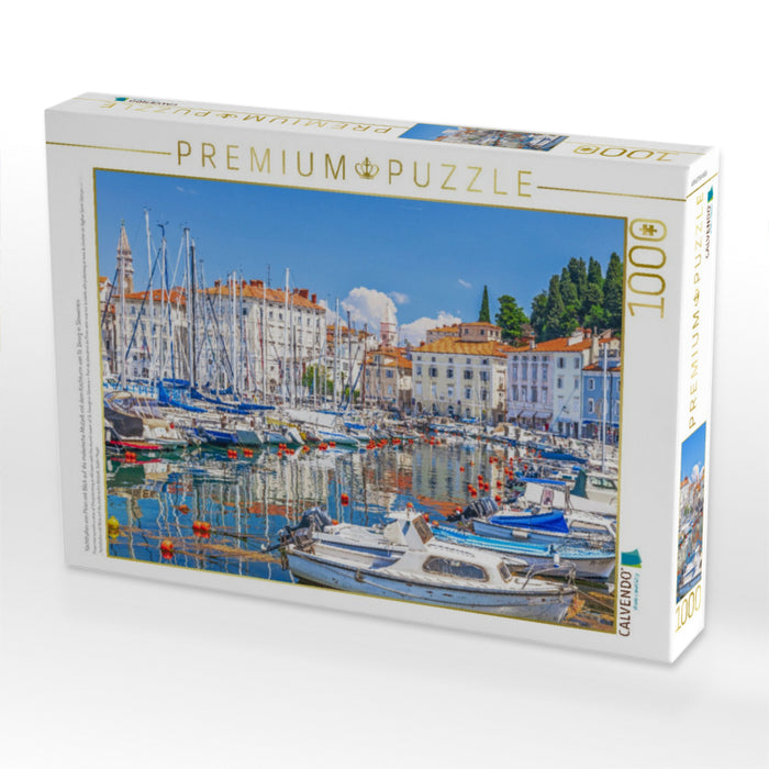 Yachthafen von Piran mit Blick auf die malerische Altstadt mit dem Kirchturm von St. Georg in Slowenien - CALVENDO Foto-Puzzle'