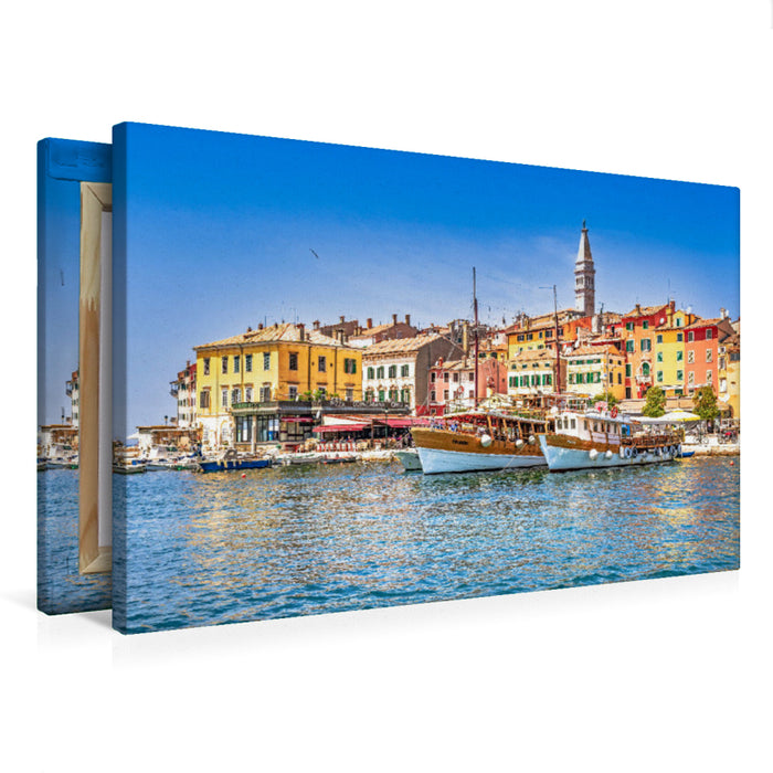 Premium Textil-Leinwand Hafen von Rovinj mit der Kirche der Heiligen Euphemia an der Westküste der Halbinsel Istrien in Kroatien