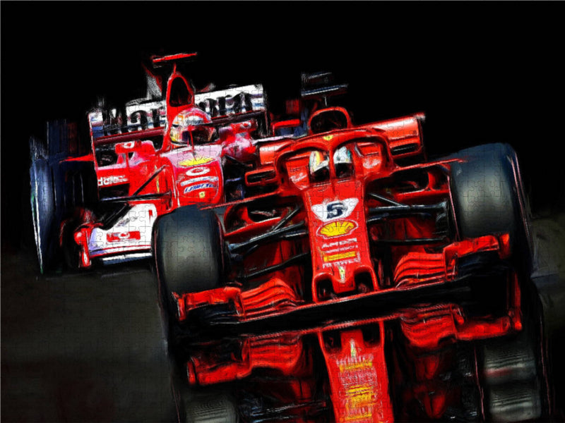 Sebastian Vettel dans le rouge italien de 2018, Michael Schumacher dans le monoposto de 2005. - Casse-tête photo CALVENDO 