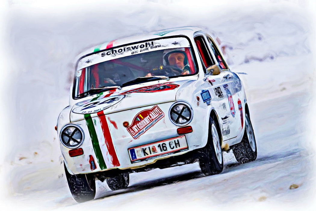 Premium Textil-Leinwand Ein kleiner Fiat bei einer Rallye auf Schnee und Eis
