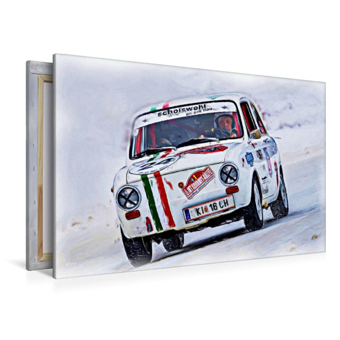 Premium Textil-Leinwand Ein kleiner Fiat bei einer Rallye auf Schnee und Eis