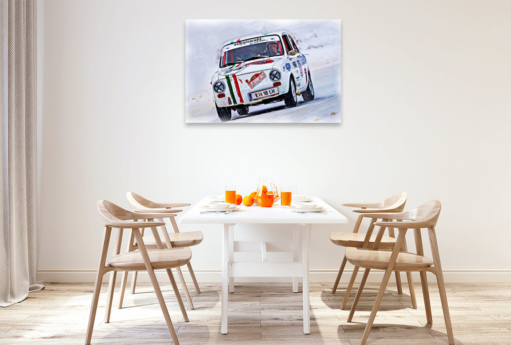 Premium Textil-Leinwand Ein kleiner Fiat bei einer Rallye auf Schnee und Eis