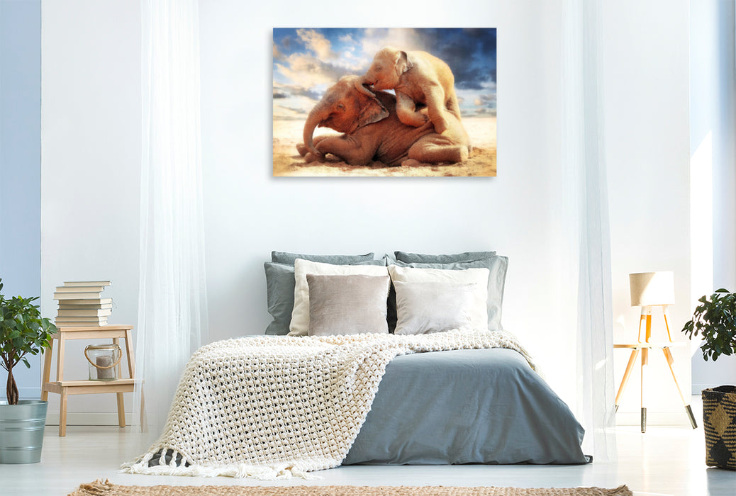 Premium textile canvas Premium textile canvas 120 cm x 80 cm landscape Asian elephant siblings 