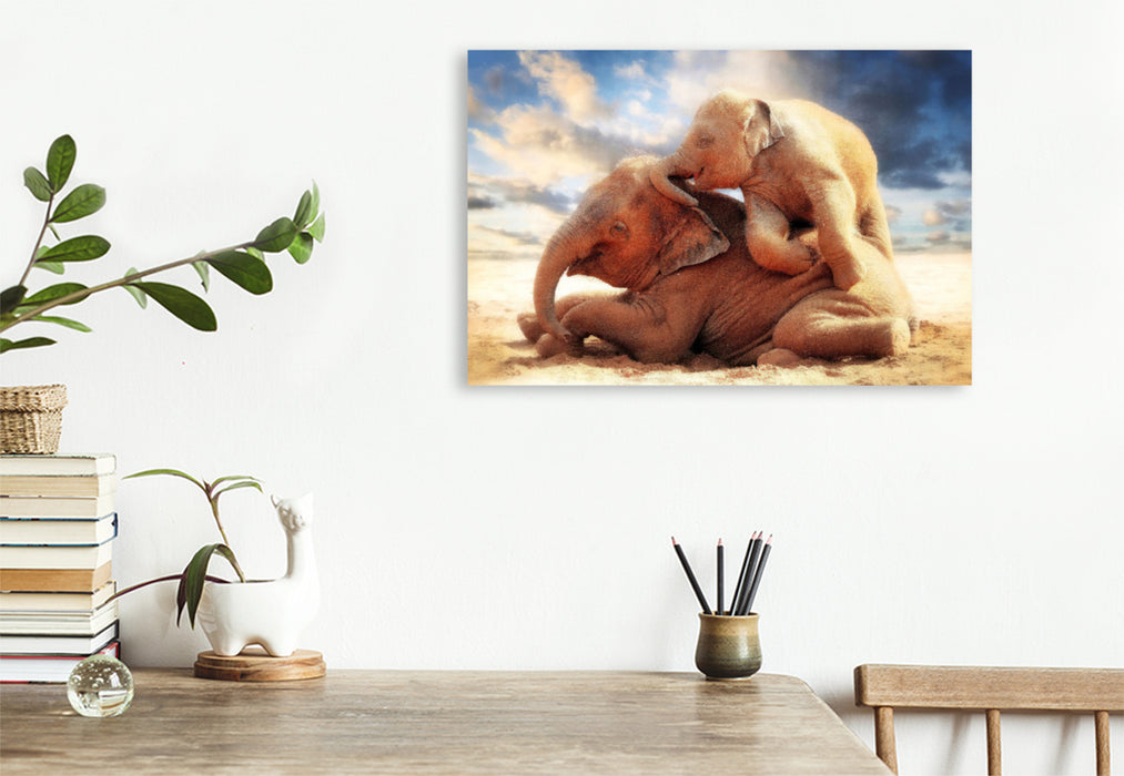 Premium textile canvas Premium textile canvas 120 cm x 80 cm landscape Asian elephant siblings 