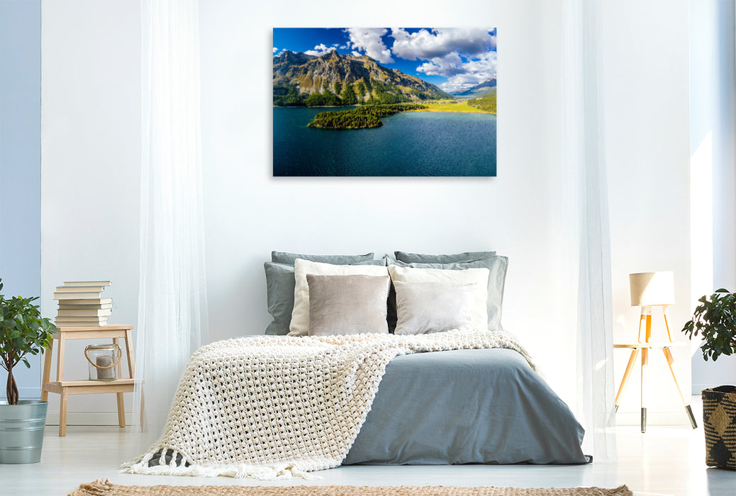 Premium textile canvas Premium textile canvas 120 cm x 80 cm across Chasté peninsula in Lake Sils 