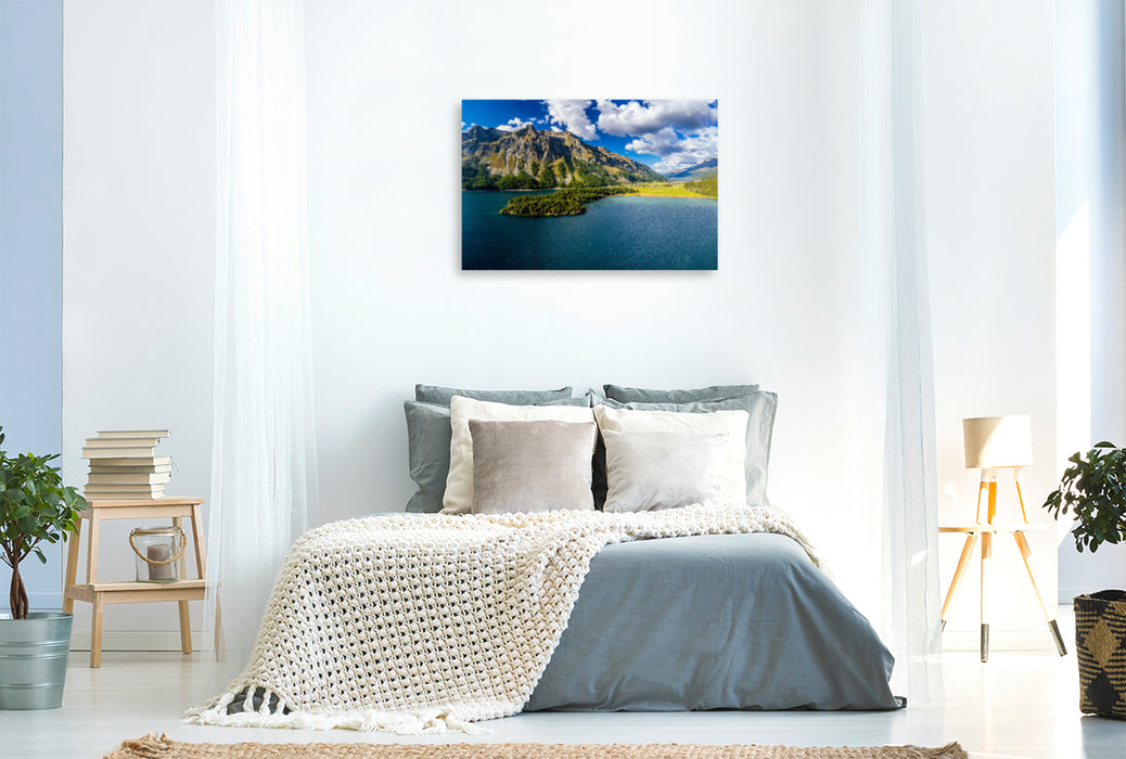 Premium textile canvas Premium textile canvas 120 cm x 80 cm across Chasté peninsula in Lake Sils 