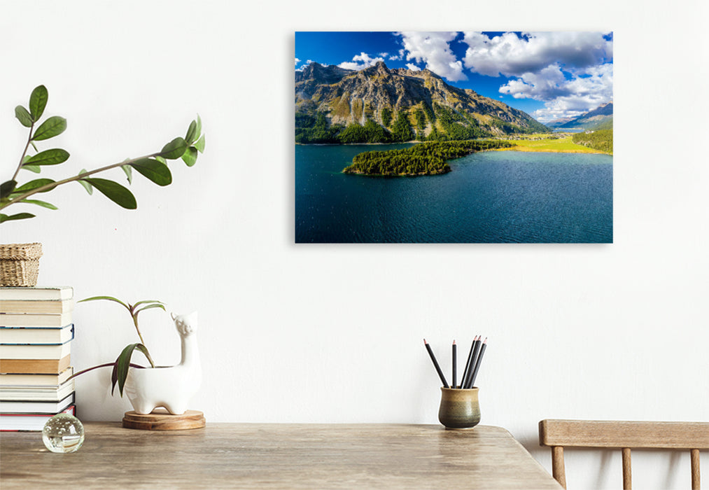 Premium textile canvas Premium textile canvas 120 cm x 80 cm across Chasté peninsula in Lake Sils 