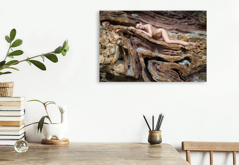 Premium textile canvas Premium textile canvas 90 cm x 60 cm across A motif from the calendar Nude photography on rocks 