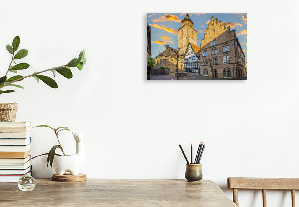 Premium textile canvas Premium textile canvas 120 cm x 80 cm landscape Schwälmer Brunnen and Obergasse 