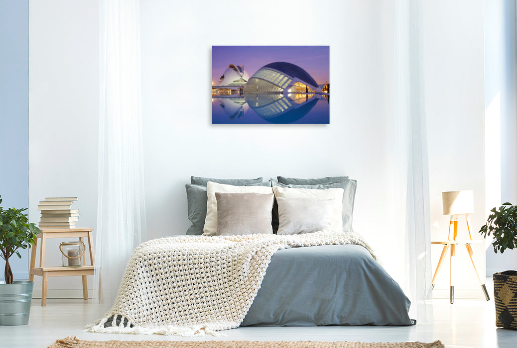 Premium textile canvas Premium textile canvas 120 cm x 80 cm landscape Evening atmosphere in the Ciudad de les Arts 