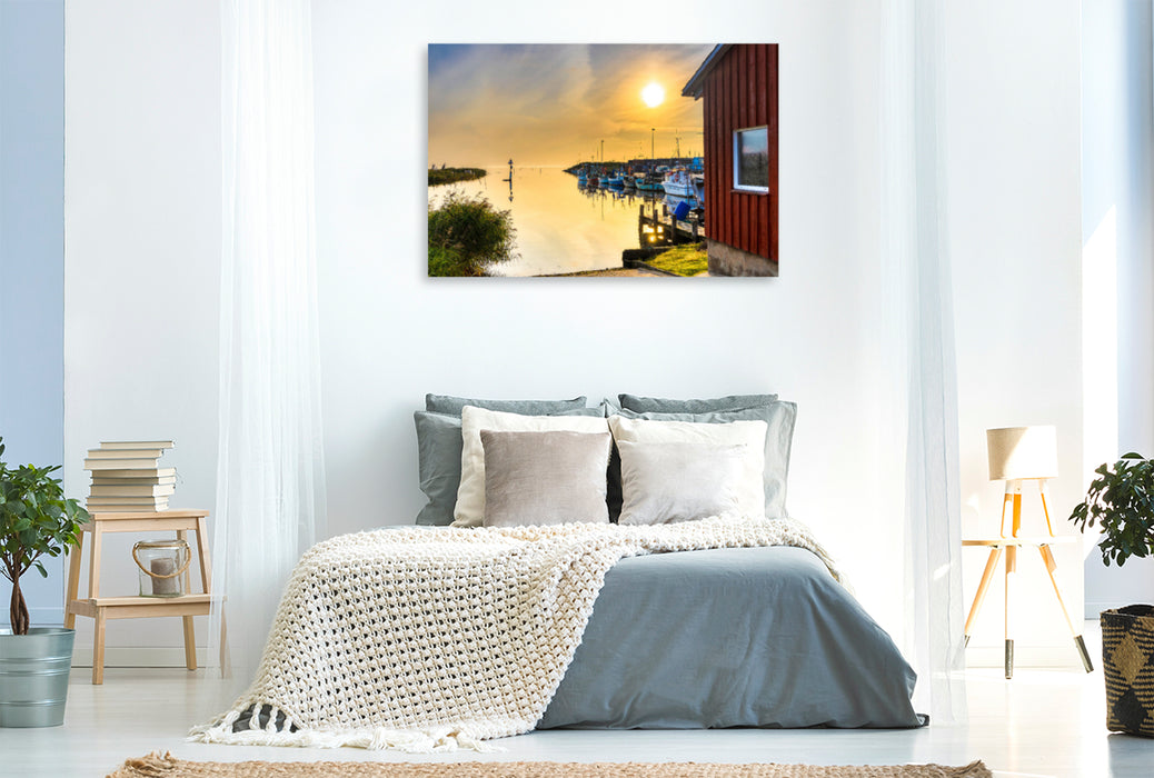 Premium textile canvas Premium textile canvas 120 cm x 80 cm landscape Harbor dream in the early morning at Ringkøbing Fjord 