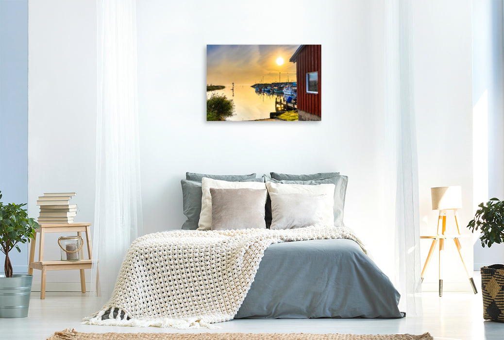 Premium textile canvas Premium textile canvas 120 cm x 80 cm landscape Harbor dream in the early morning at Ringkøbing Fjord 