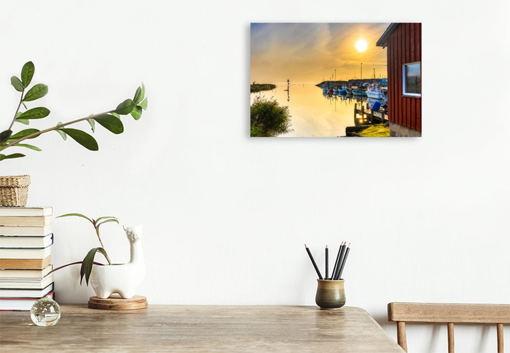 Premium textile canvas Premium textile canvas 120 cm x 80 cm landscape Harbor dream in the early morning at Ringkøbing Fjord 