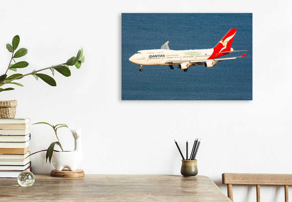 Toile textile premium Toile textile premium 120 cm x 80 cm paysage Qantas Boeing 747-400 - YSSY/SYD 