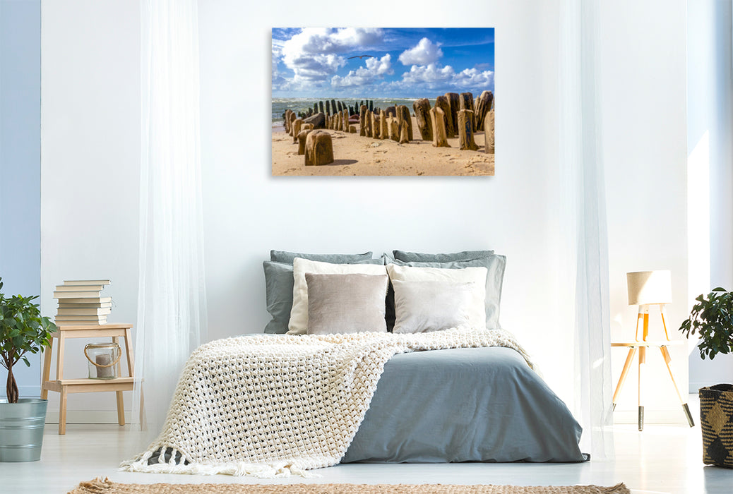 Premium textile canvas Premium textile canvas 120 cm x 80 cm across Groynes on the sandy beach of Sylt 