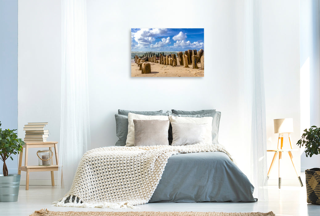 Premium textile canvas Premium textile canvas 120 cm x 80 cm across Groynes on the sandy beach of Sylt 