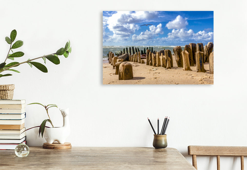 Premium textile canvas Premium textile canvas 120 cm x 80 cm across Groynes on the sandy beach of Sylt 