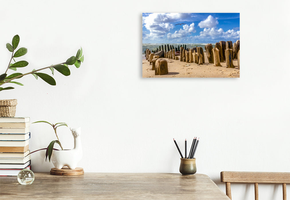 Premium textile canvas Premium textile canvas 120 cm x 80 cm across Groynes on the sandy beach of Sylt 