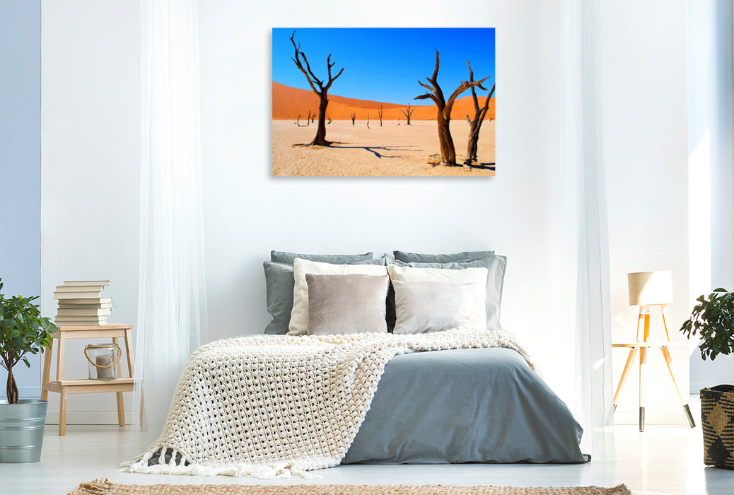 Premium Textil-Leinwand Premium Textil-Leinwand 120 cm x 80 cm quer 500 Jahre alte Akazienbäume im Deadvlei, Namibia