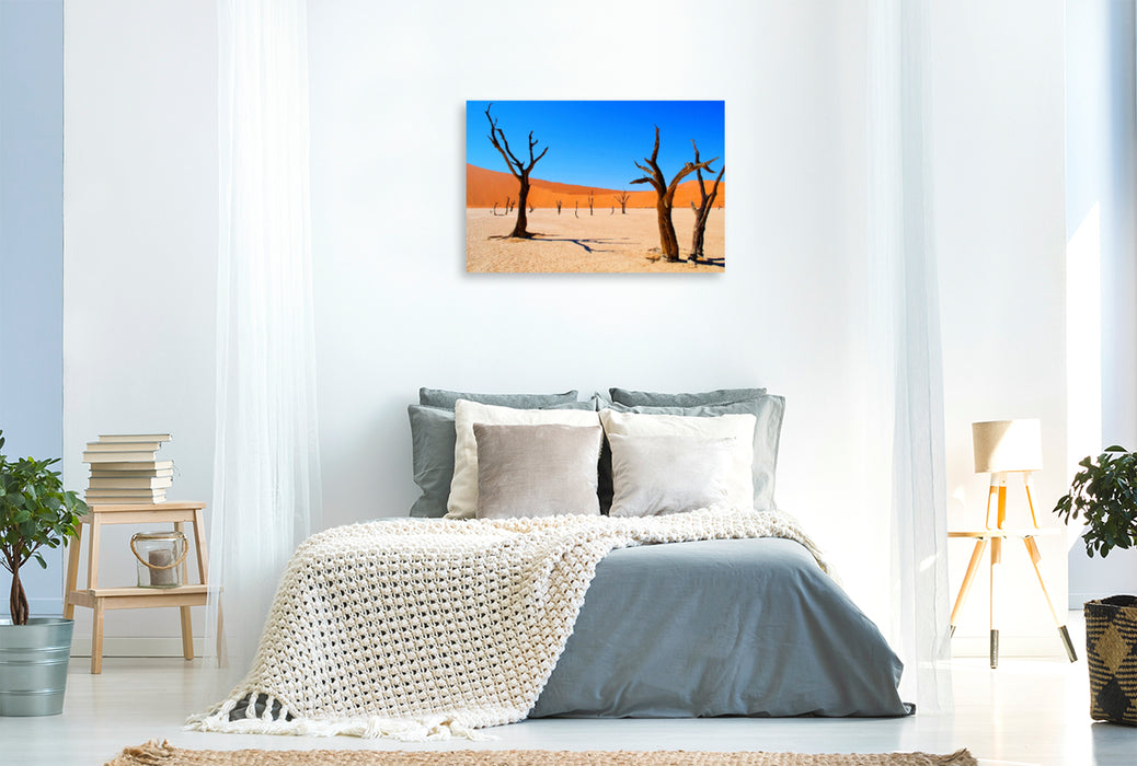 Premium Textil-Leinwand Premium Textil-Leinwand 120 cm x 80 cm quer 500 Jahre alte Akazienbäume im Deadvlei, Namibia