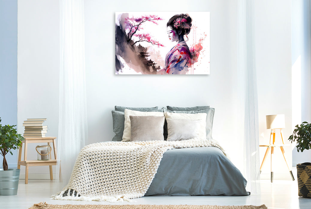 Premium textile canvas A motif from the calendar Geisha Watercolors - Japanese cultural ladies, landscape and sakura 